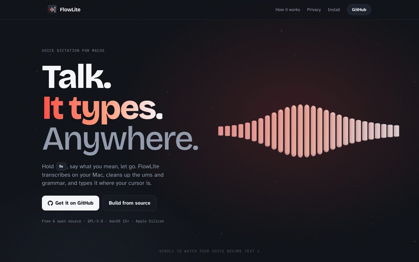 FlowLite website: Talk. It types. Anywhere.