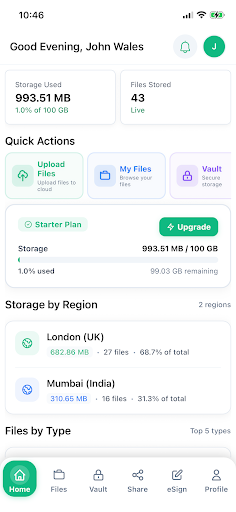 Trustbox Android dashboard with storage and quick actions